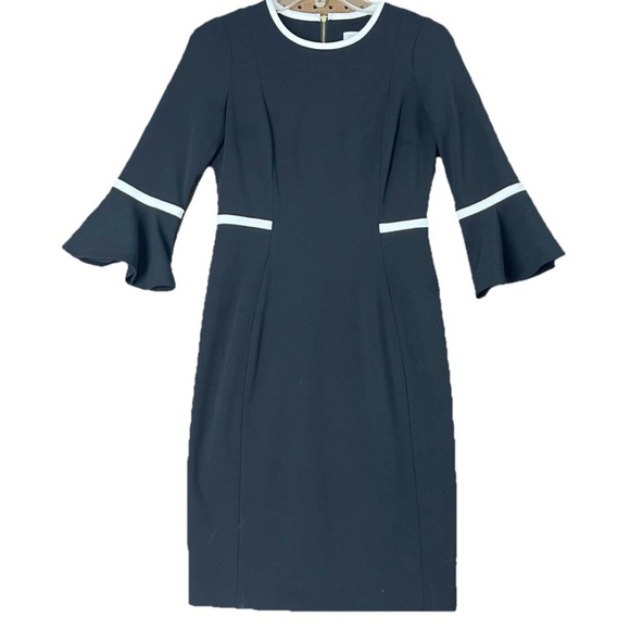 Calvin Klein Women’s Sheath Dress Black with White Piped Trim Bell Sleeves 4P - Picture 1 of 10